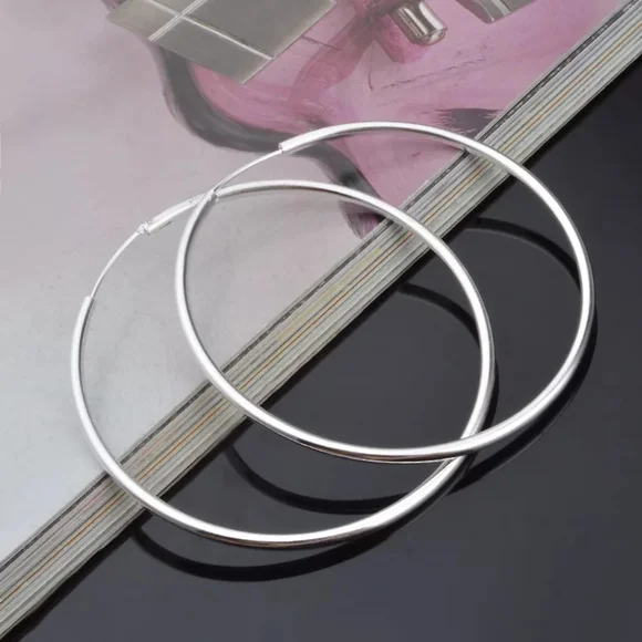 NEW Classic Large Circular 925 Silver Polished Hoop Earrings - Picture 7 of 13